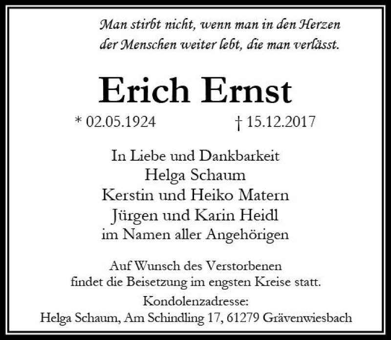 Traueranzeigen Von Erich Ernst Vrm Trauer De