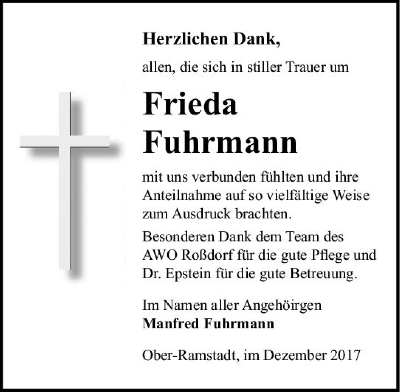 Traueranzeigen Von Frieda Fuhrmann Vrm Trauer De