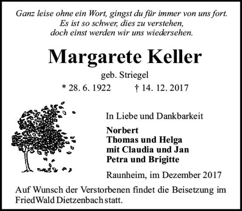 Traueranzeigen Von Margarete Keller Vrm Trauer De