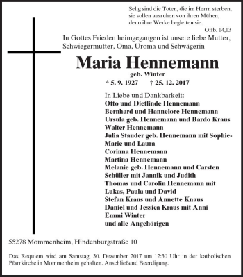 Traueranzeigen Von Maria Hennemann Vrm Trauer De