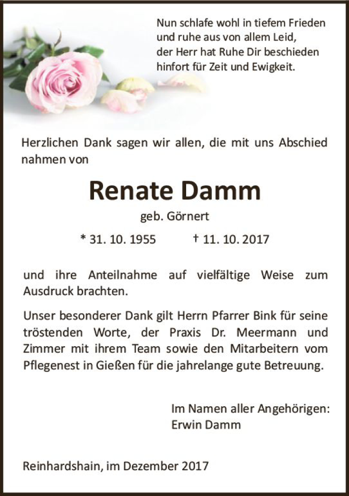 Traueranzeigen Von Renate Damm Vrm Trauer De