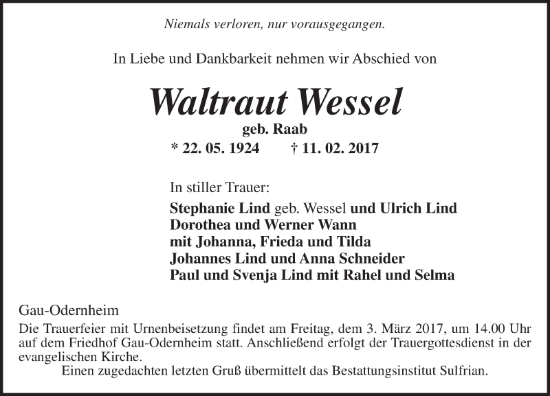 Traueranzeigen Von Waltraut Wessel Vrm Trauer De