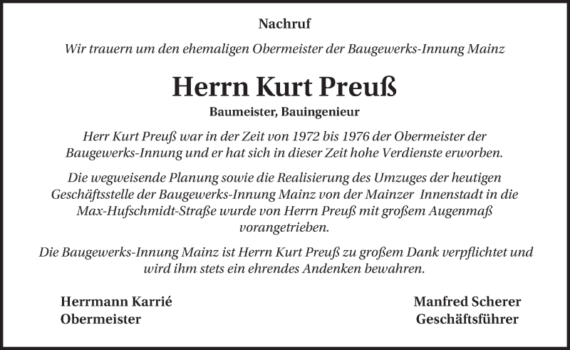 Traueranzeigen von Kurt Preuß vrm trauer de