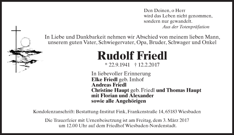 Traueranzeigen Von Rudolf Friedl Vrm Trauer De