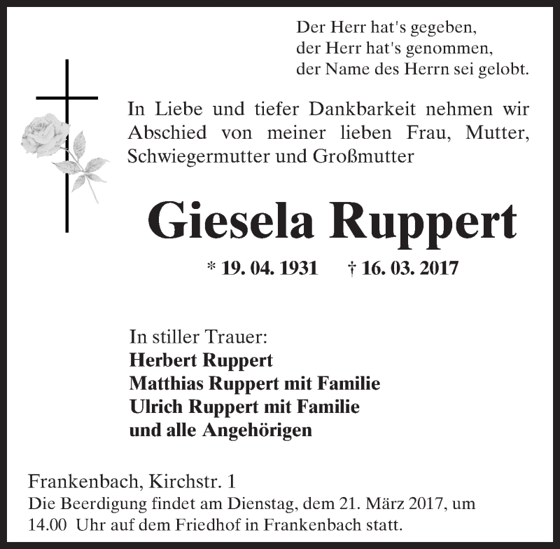 Traueranzeigen Von Giesela Ruppert Vrm Trauer De