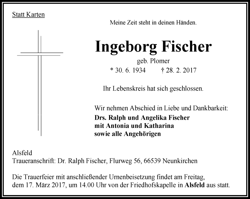 Traueranzeigen Von Ingeborg Fischer Vrm Trauer De