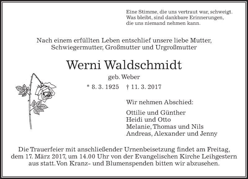 Traueranzeigen Von Werni Waldschmidt Vrm Trauer De