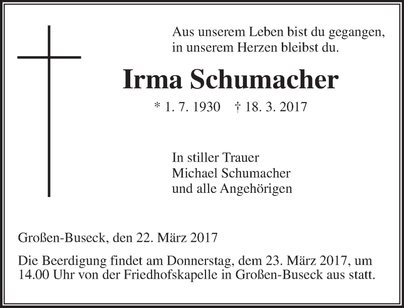 Traueranzeigen Von Irma Schumacher Vrm Trauer De