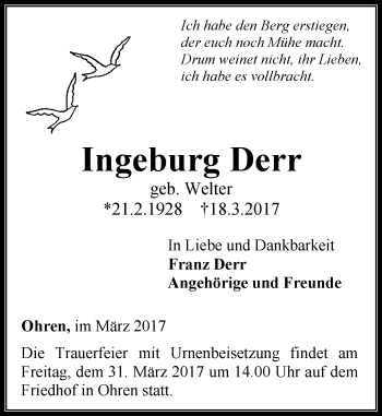 Traueranzeigen Von Ingeburg Derr Vrm Trauer De