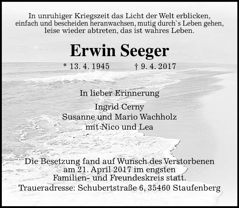 Traueranzeigen Von Erwin Seeger Vrm Trauer De