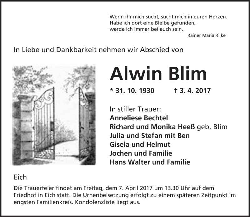 Traueranzeigen Von Alwin Blim Vrm Trauer De