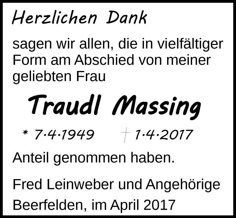 Traueranzeigen Von Traudl Massing Vrm Trauer De