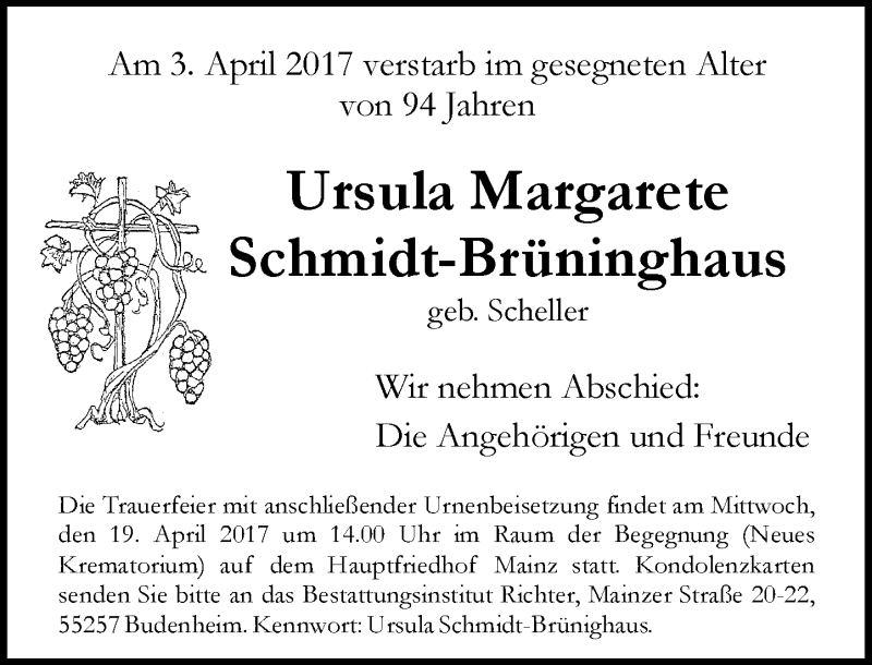 Traueranzeigen von Ursula Margarete Schmidt Brüninghaus vrm trauer de