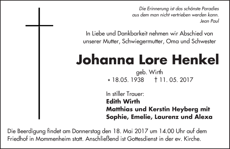 Traueranzeigen Von Johanna Lore Henkel Vrm Trauer De