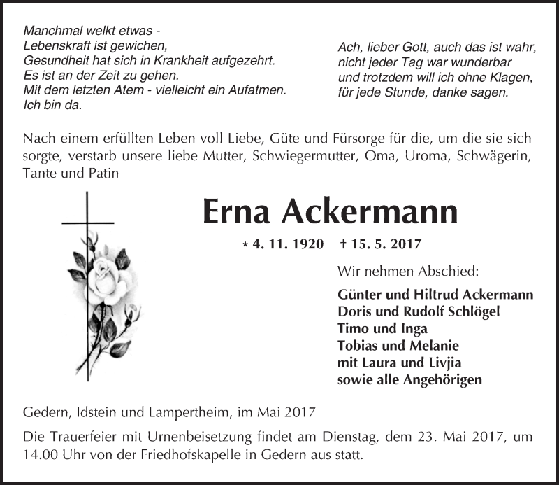 Traueranzeigen Von Erna Ackermann Vrm Trauer De