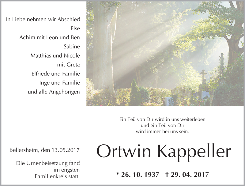 Traueranzeigen Von Ortwin Kappeller Vrm Trauer De