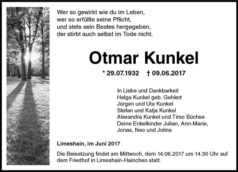 Traueranzeigen Von Otmar Kunkel Vrm Trauer De