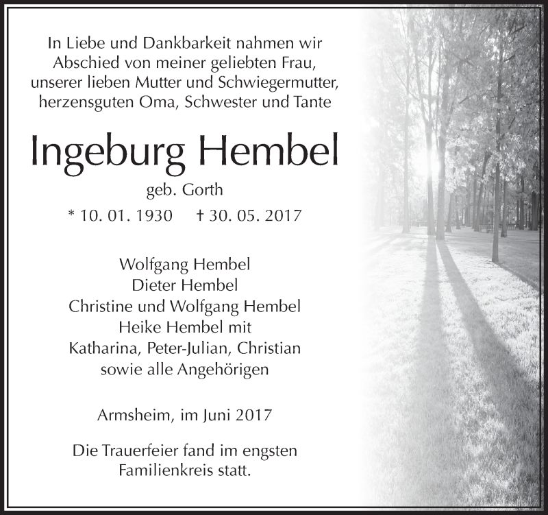 Traueranzeigen Von Ingeburg Hembel Vrm Trauer De