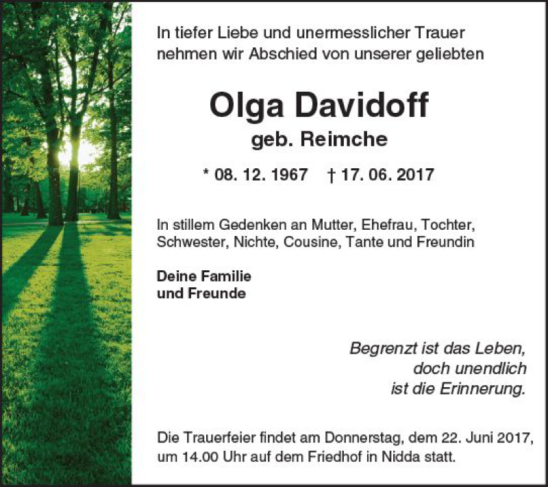 Traueranzeigen Von Olga Davidoff Vrm Trauer De