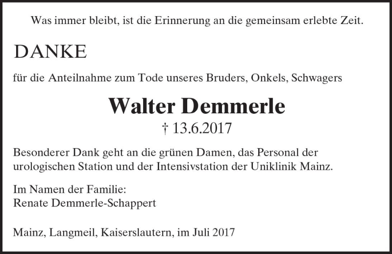 Traueranzeigen Von Walter Demmerle Vrm Trauer De