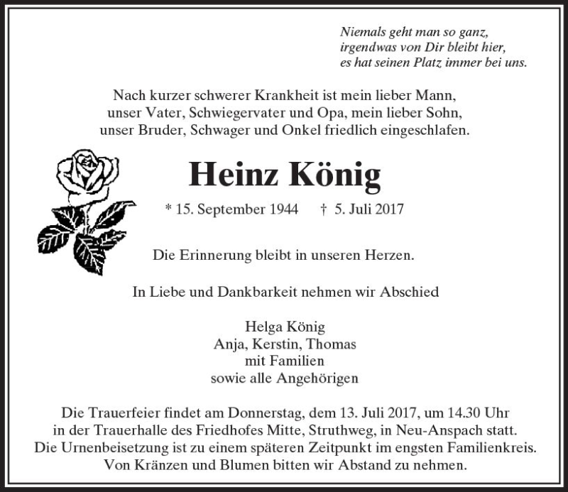 Traueranzeigen von Heinz König vrm trauer de