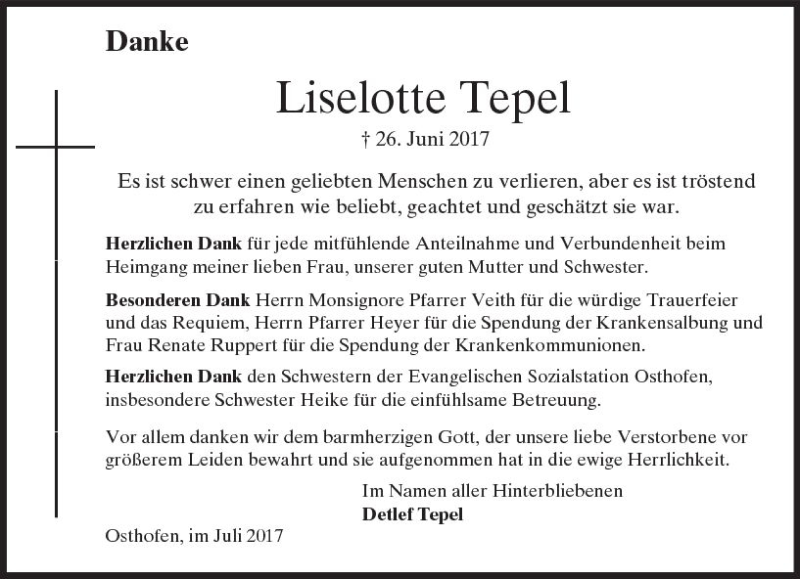 Traueranzeigen Von Liselotte Tepel Vrm Trauer De