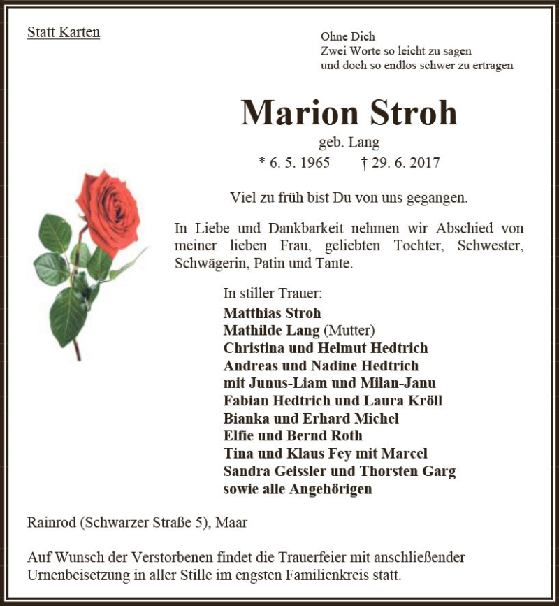 Traueranzeigen Von Marion Stroh Vrm Trauer De