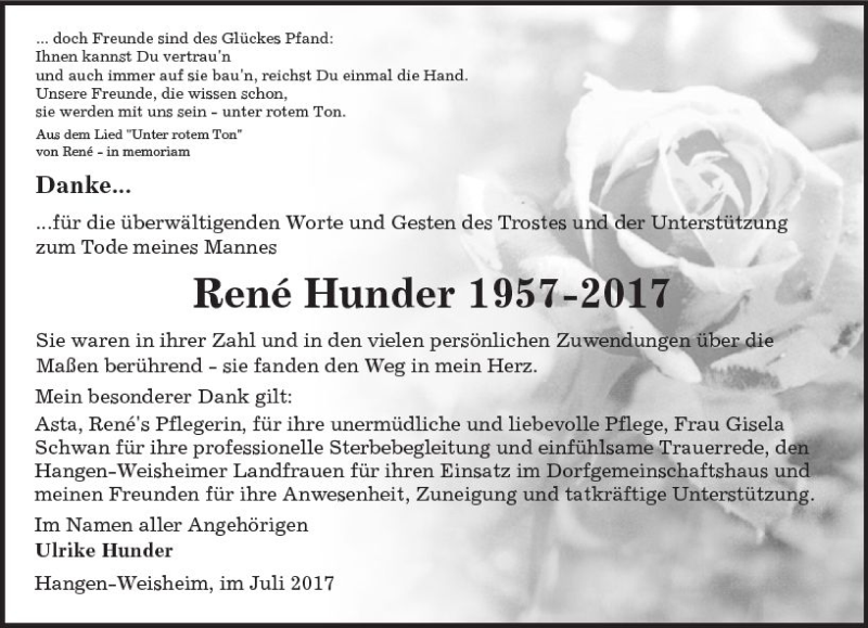 Traueranzeigen Von Rene Hunder Vrm Trauer De