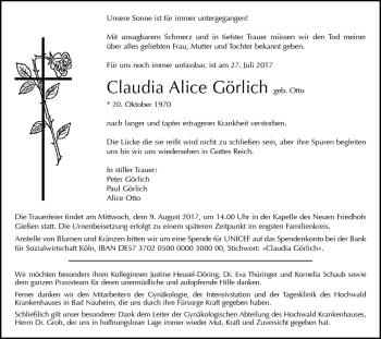 Traueranzeigen Von Claudia Alice G Rlich Vrm Trauer De