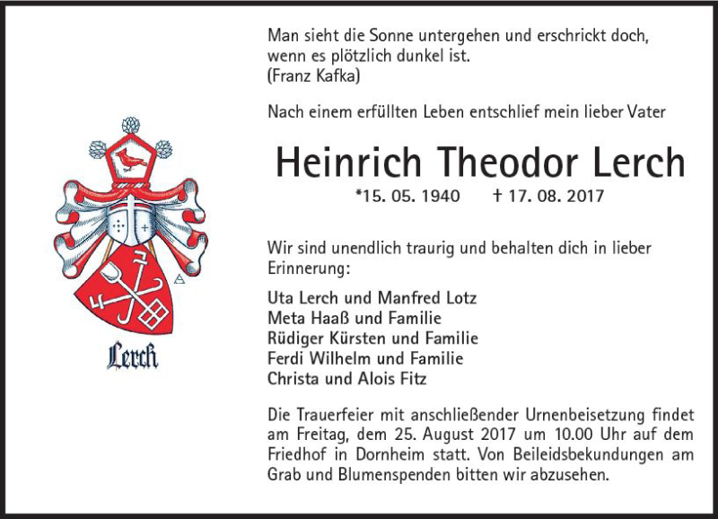 Traueranzeigen Von Heinrich Theodor Lerch Vrm Trauer De