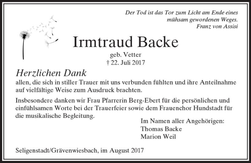 Traueranzeigen Von Irmtraud Backe Vrm Trauer De