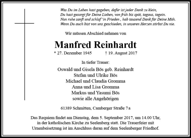 Traueranzeigen Von Manfred Reinhardt Vrm Trauer De