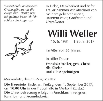 Traueranzeigen Von Willi Weller Vrm Trauer De