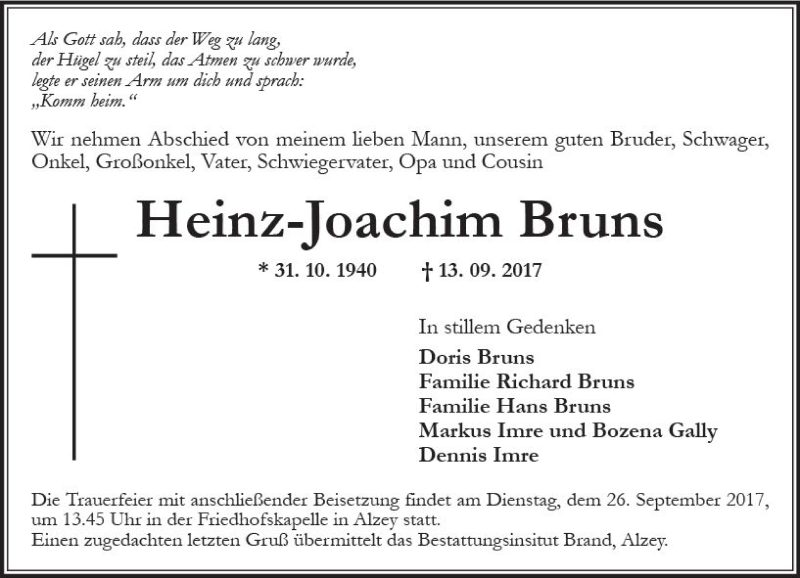 Traueranzeigen Von Heinz Joachim Bruns Vrm Trauer De