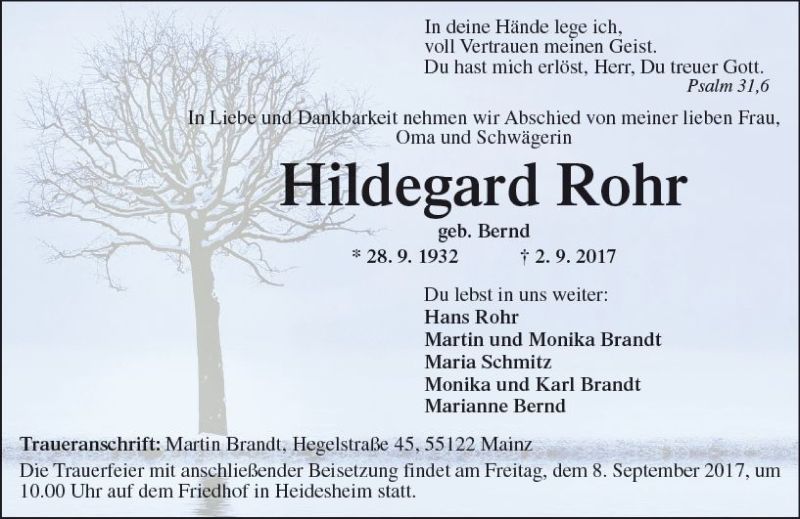 Traueranzeigen Von Hildegard Rohr Vrm Trauer De