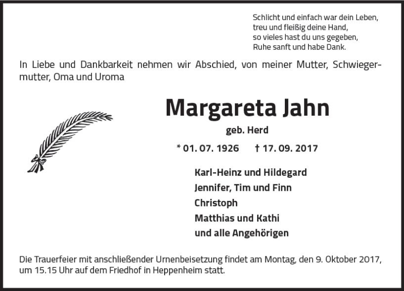 Traueranzeigen Von Margareta Jahn Vrm Trauer De