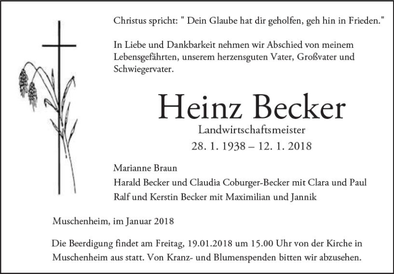 Traueranzeigen Von Heinz Becker Vrm Trauer De