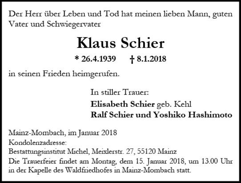 Traueranzeigen Von Klaus Schier Vrm Trauer De