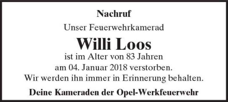 Traueranzeigen Von Willi Loos Vrm Trauer De