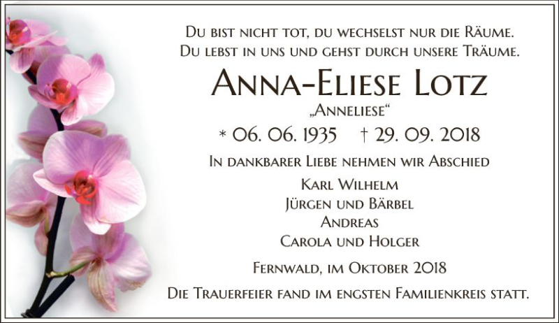 Traueranzeigen Von Anna Eliese Lotz Vrm Trauer De