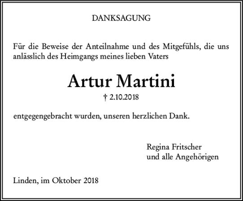 Traueranzeigen Von Artur Martini Vrm Trauer De