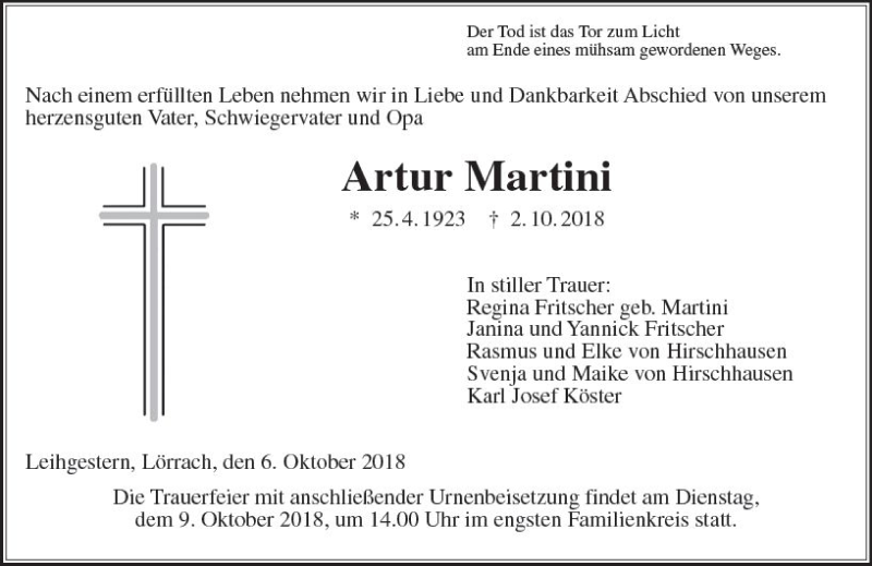 Traueranzeigen Von Artur Martini Vrm Trauer De