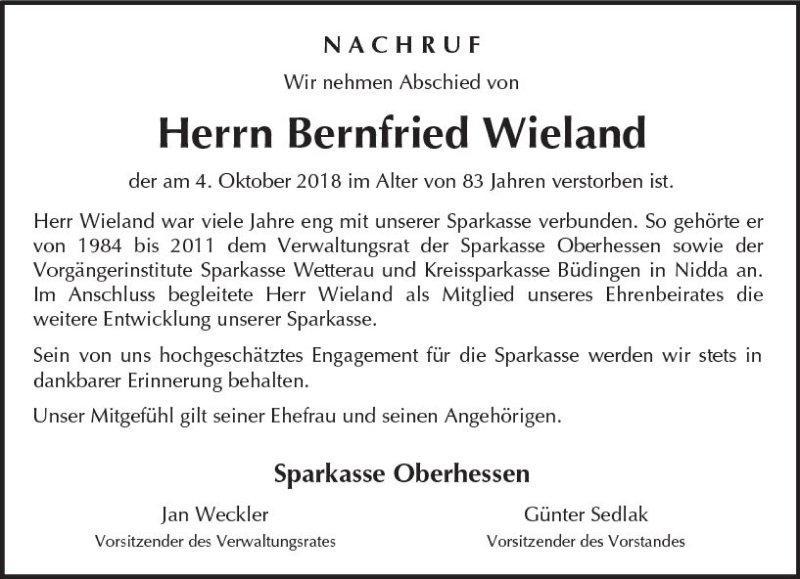 Traueranzeigen Von Bernfried Wieland Vrm Trauer De