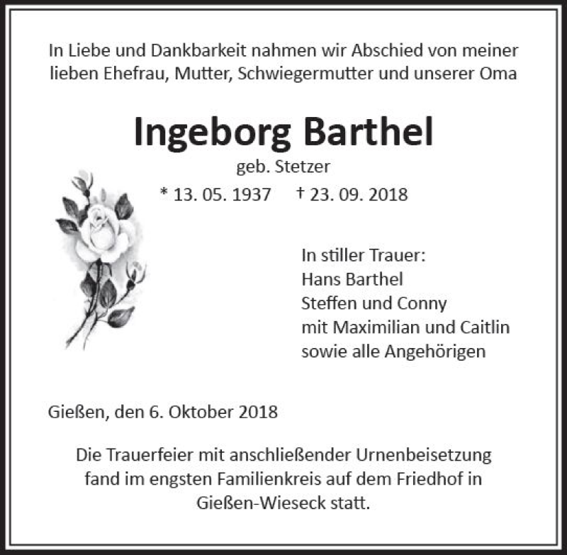 Traueranzeigen Von Ingeborg Barthel Vrm Trauer De