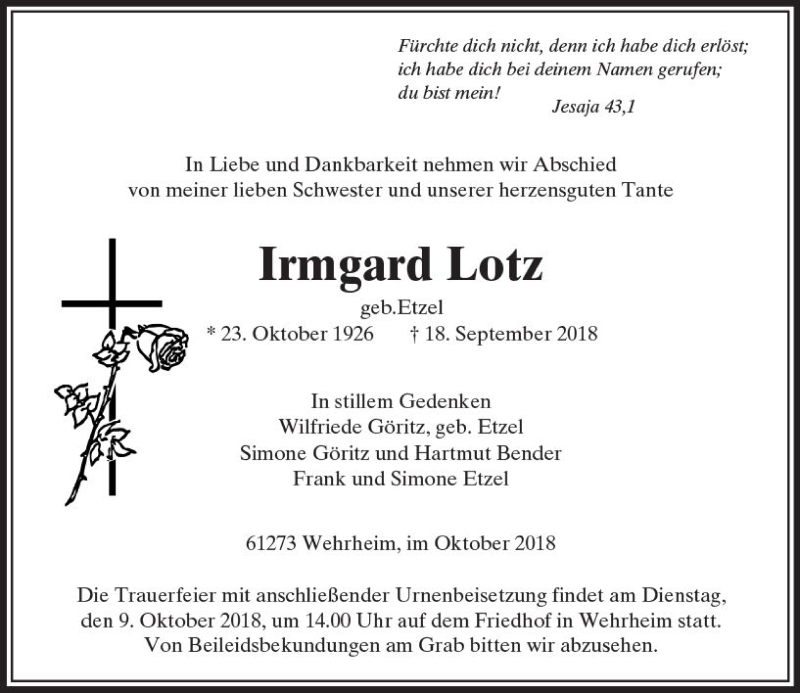 Traueranzeigen Von Irmgard Lotz Vrm Trauer De