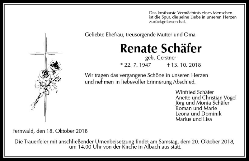 Traueranzeigen von Renate Schäfer vrm trauer de