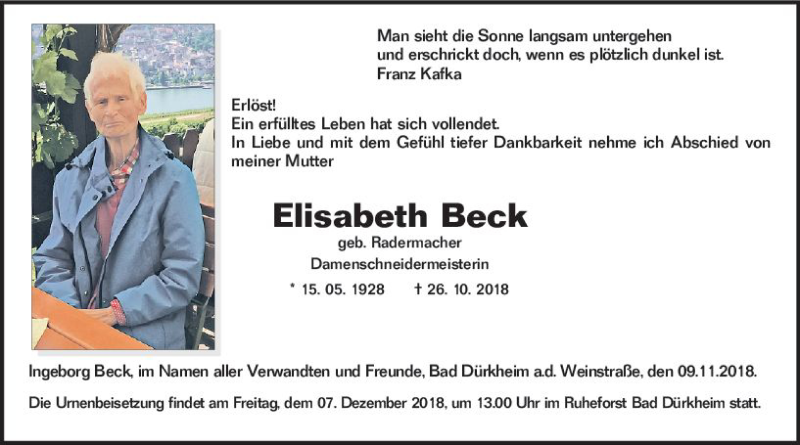 Traueranzeigen Von Elisabeth Beck Vrm Trauer De