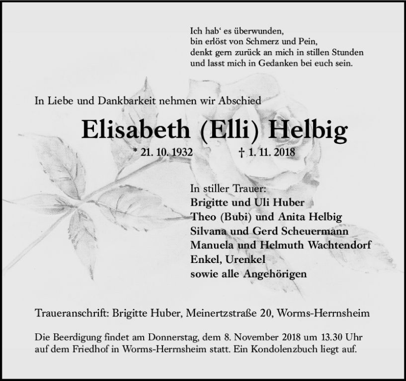 Traueranzeigen Von Elisabeth Helbig Vrm Trauer De