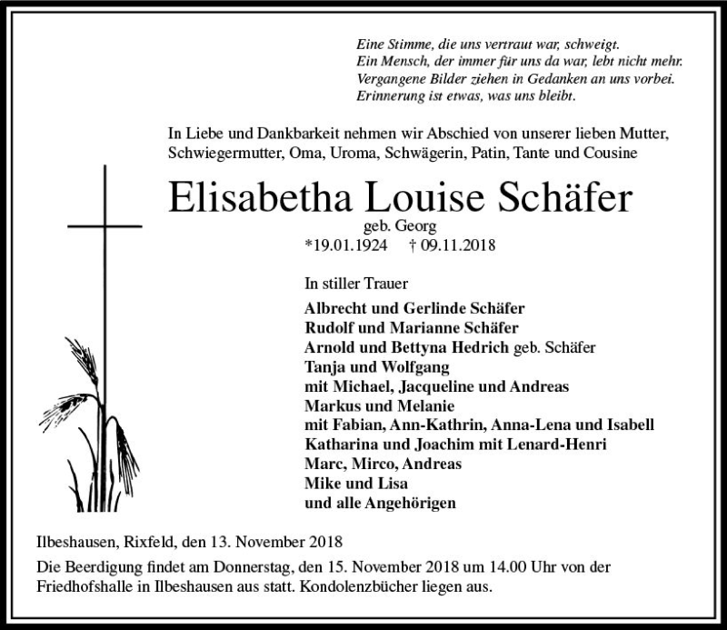 Traueranzeigen von Elisabetha Louise Schäfer vrm trauer de