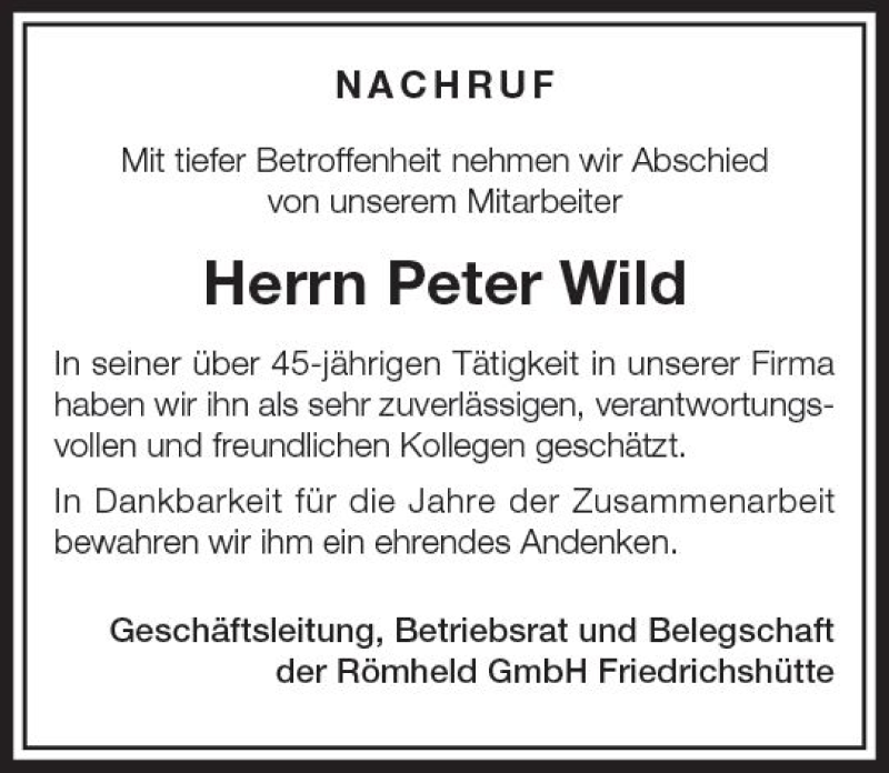 Traueranzeigen Von Peter Wild Vrm Trauer De